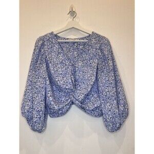 Abercrombie and Fitch Knot Front Puff Sleeve Top Blue Cropped Sz M Fairy Romanti
